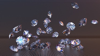 Shiny Diamonds falling on black leather surface background. 3D illustration. 3D CG. High resolution.