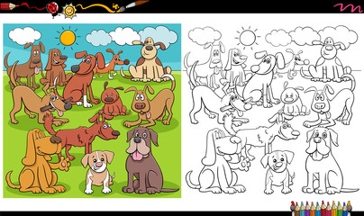 playful dogs characters group coloring book page