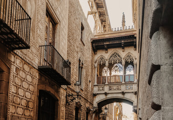 Historic bridge in Barcelona gothic quarter, Bishop street