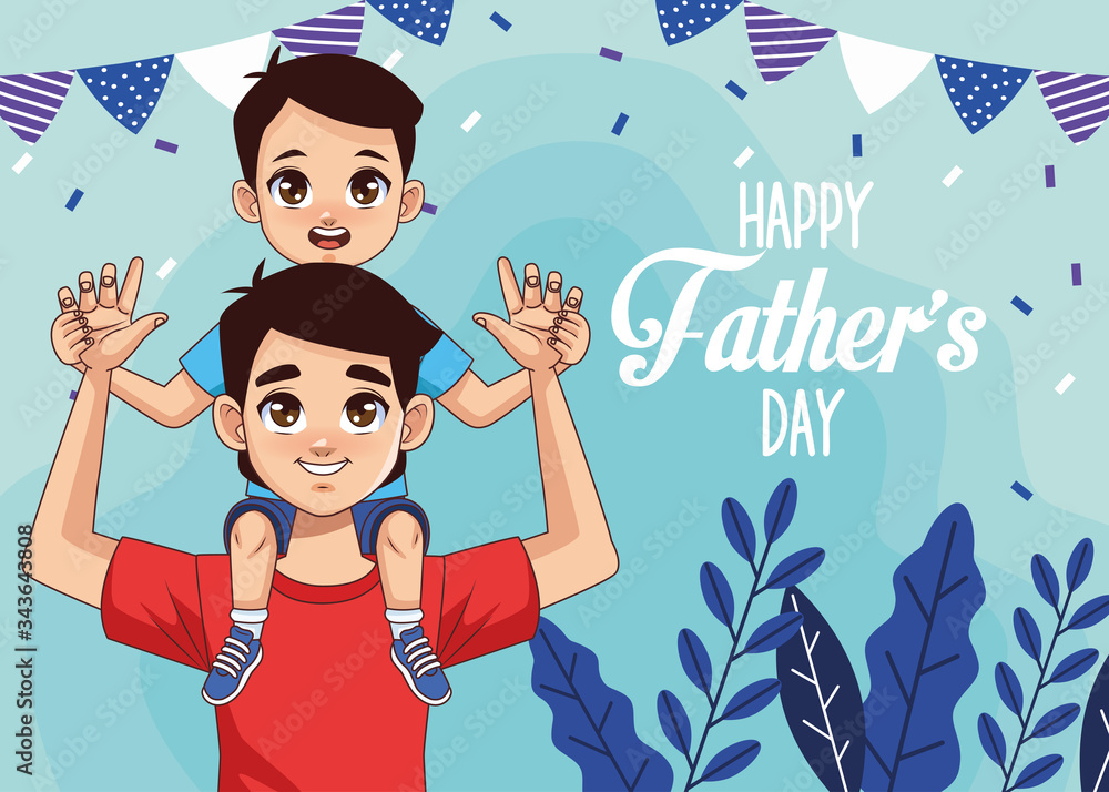 Canvas Prints fathers day card with dad carrying son and garlands