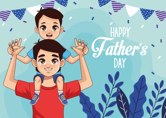 fathers day card with dad carrying son and garlands