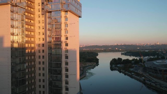 A large body of water with a city in the background. High quality footage