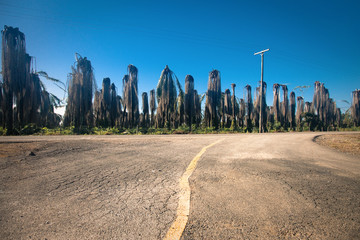 Curvy asphalt highway road in the rocks  mountains in Dominican republic landscape with view on the green forest mountains and horizon line