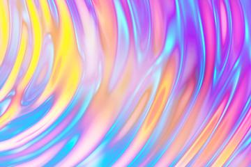 Obraz premium 3d render, abstract wavy liquid background, ultraviolet holographic foil, petrol surface, pink blue yellow iridescent texture, macro ripples. Trendy design, pastel rainbow colors