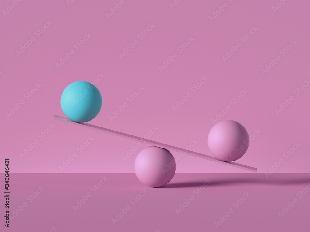 Poster 3d render, balancing balls placed on scales or weigher, isolated on pink background. primitive geome