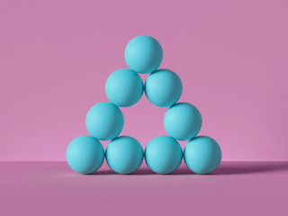 3d render, pyramid of blue balls isolated on pink background. Billiards game. Primitive geometric shapes. Loss metaphor. Gap, blank space, hole. Modern minimal design