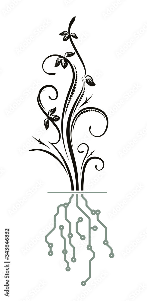 Aufkleber conceptual design with floral branch and root in pcb-layout style. high-tech vector illustration.