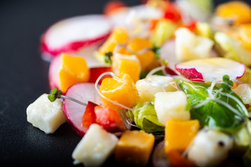 close-up of a mixed salad with pepper cheese, lettuce, radishes and bean sprouts