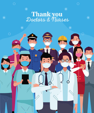 group of workers using face masks with thank you doctors and nurses message