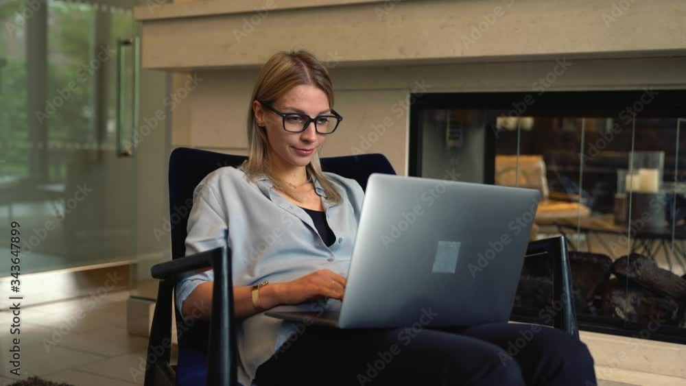Aufkleber skilled caucasian female freelancer working remotely with modern laptop device creating idea for new
