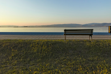 Fototapeta na wymiar Sunset landscape of Danube River at town of Golubac, Serbia