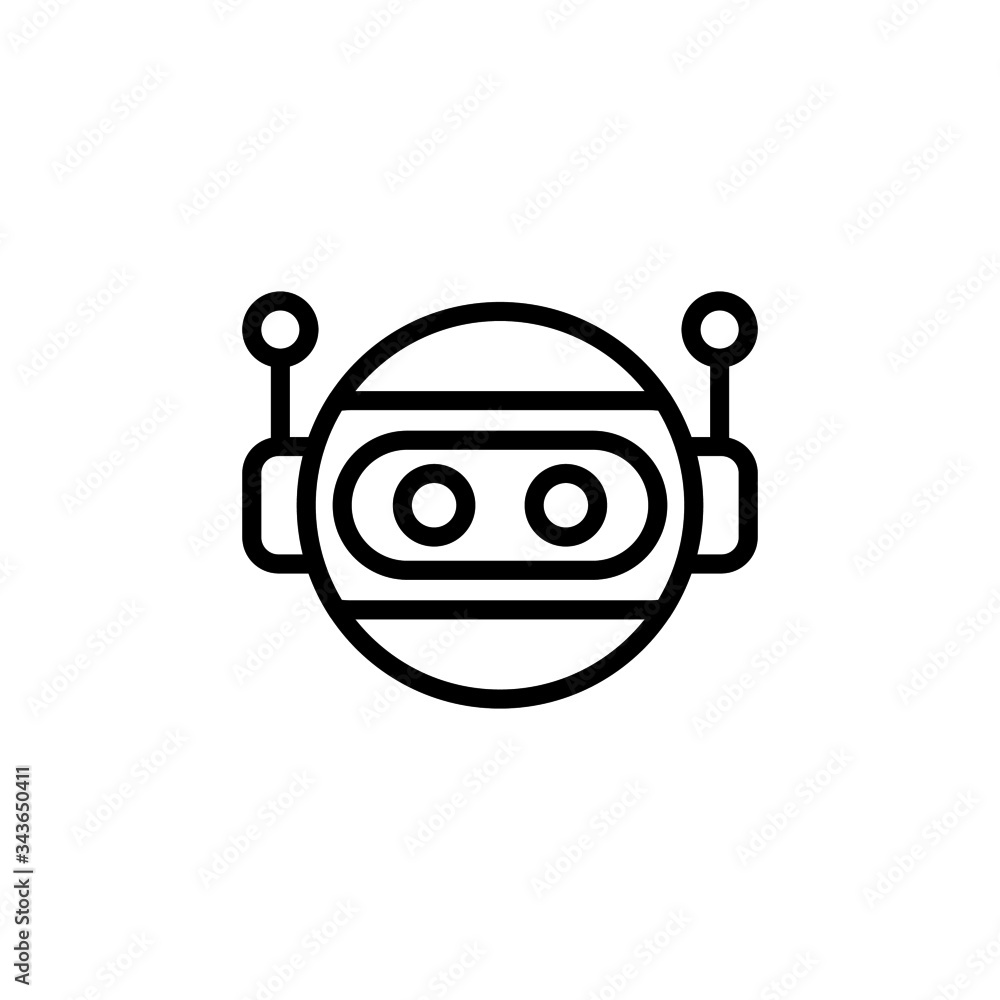 Poster robot assistant, thin black robot assistant icon in outline, lineart style on white background