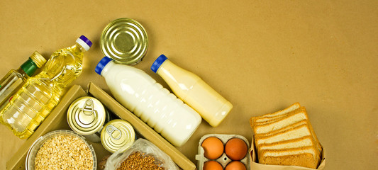 Food supply. Food crisis for quarantine isolation period. Consumer basket product set. Food...