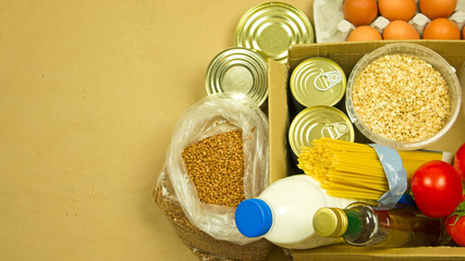 Food supply. Food crisis for quarantine isolation period. Consumer basket product set. Food...