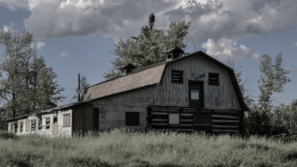 Fototapeta premium Old abandoned barn on farmland in rural prairies. Rotting wooden barn structure in an overgrown field. Boarded up farm house
