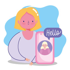 people communication and technology, girls talking smartphone device