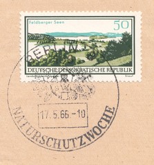 Feldberg lakes in Mecklenburg, national park. Postmark nature conservation week, Berlin, stamp Germany 1966