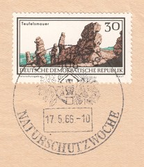 Teufelsmauer-Devil's wall, a rock of hard sandstones, national park. Postmark nature conservation week, Berlin, stamp Germany 1966