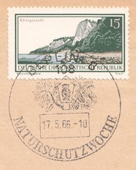 Chalk rocks on the island of Rugen, national park Konigsstuhl. Postmark nature conservation week, Berlin, stamp Germany 1966