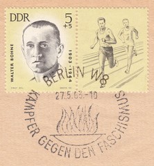 Fototapeta na wymiar Portrait of Walter Bohne-German Communist. Long-distance runners, fighter against fascism, stamp Germany 1963