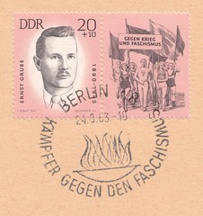 Fototapeta premium Portrait of Ernst Grube-German Communist. March of athletes with flags and a banner 