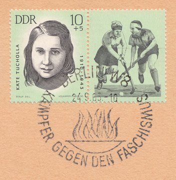 Portrait of Kate Tucholla-German antifascist. Women's field hockey, fighter against fascism, stamp Germany 1963