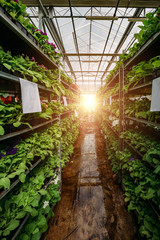 Growing of flower seedlings on shelves in greenhouse