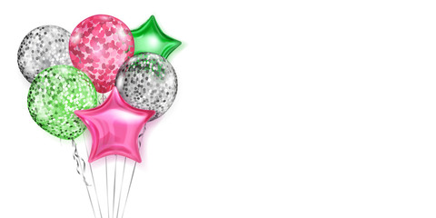 Illustration with bunch of shiny balloons in red, green and silver colors, round and in the shape of stars, with ribbons and shadows, on white background