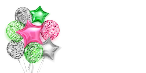 Illustration with bunch of shiny balloons in red, green and silver colors, round and in the shape of stars, with ribbons and shadows, on white background