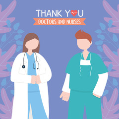 thanks, doctors, nurses, female physician and male nurse with uniform staff