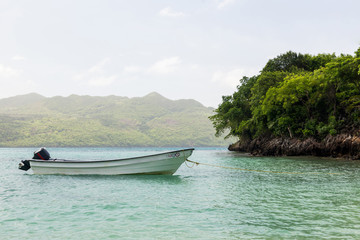 Plakat Boats sailing in Caribbean sea landscape with blue water and sky with clouds Dominican republic paradise 