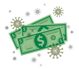 Naklejka premium Money contaminated with coronavirus covid-19 concept. Cash currency and corona virus cells.