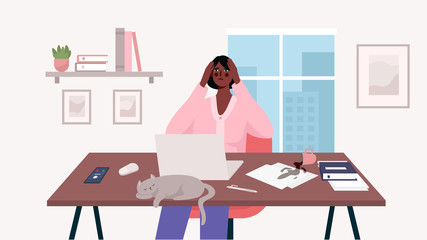 Woman working at her desk with laptop. Home office. A lot of work, overworked, stress,deadline,emotional burnout. Freelance or studying concept. Remote worker. Cute illustration in flat cartoon style.