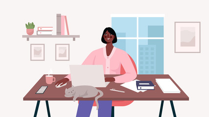 Fototapeta premium Woman working at her desk with laptop. Home office. Freelance or studying concept. Daily life of freelance worker, everyday routine. Remote worker. Cute illustration in flat cartoon style.