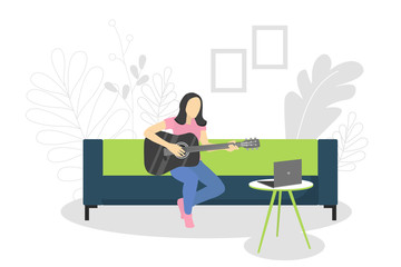 Vector illustration with a girl sitting on a sofa and playing the guitar. Learning to play the guitar at home. Poster motivating to play a musical instrument. For sites, articles and online class