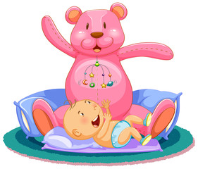 Scene with baby sleeping in bed with giant teddy bear