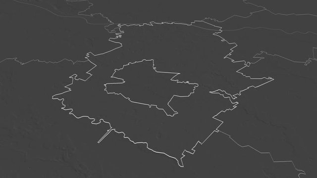Ilfov, county with its capital, zoomed and extruded on the bilevel map of Romania in the conformal Stereographic projection. Animation 3D