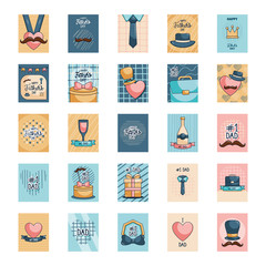 Icon set of Happy fathers day cards with hearts icons