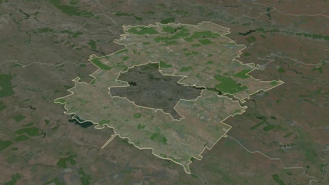 Ilfov, county with its capital, zoomed and extruded on the satellite map of Romania in the conformal Stereographic projection. Animation 3D