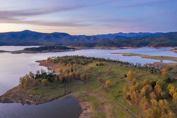 Aerial view of Gabriel y Galan lake at Extremadura countryside. An amazing view during sunset time...