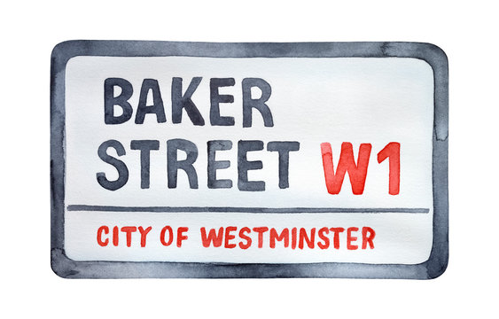 Water color illustration of Baker Street Sign. Hand painted watercolour sketchy drawing on white, cutout clipart element for creative design, postcard, print, banner, souvenir fridge magnet, placard.
