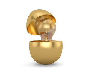 Light bulb in open golden egg  isolated on white background. 3D illustration.