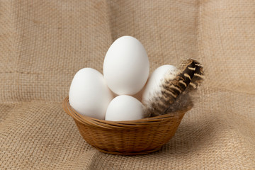 The eggs. White chicken eggs in a basket and feather on burlap background.