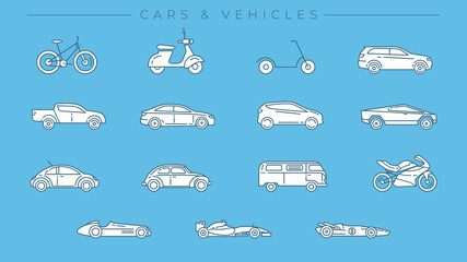 Cars and Vehicles concept line style vector icons set.