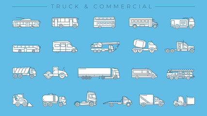 Truck and Commercial concept line style vector icons set.