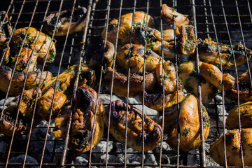Closeup of some meat skewers being grilled in a barbecue.