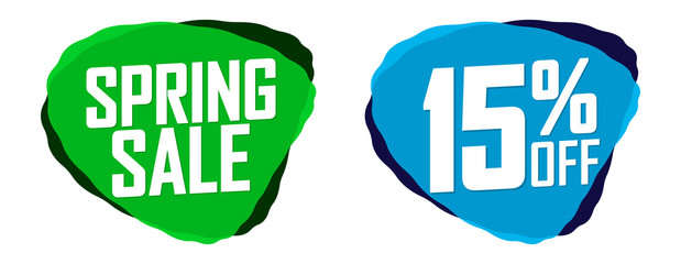 Spring Sale, 15% off, bubble banners design template, discount tags, vector illustration