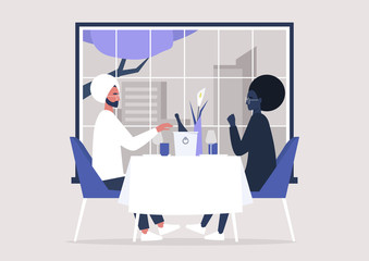 A romantic couple dinning in a fancy restaurant, modern lifestyle, celebrating event