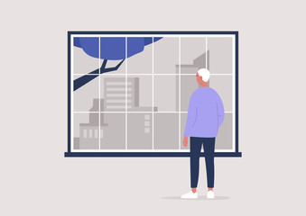 Young male character looking through the window, contemplation and meditation, self isolation