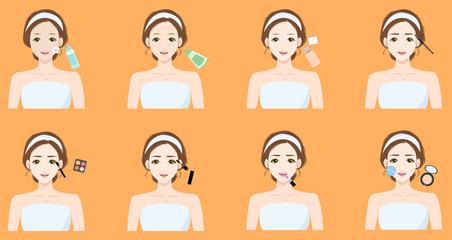Facial makeup tutorial for a beautiful woman vector illustration